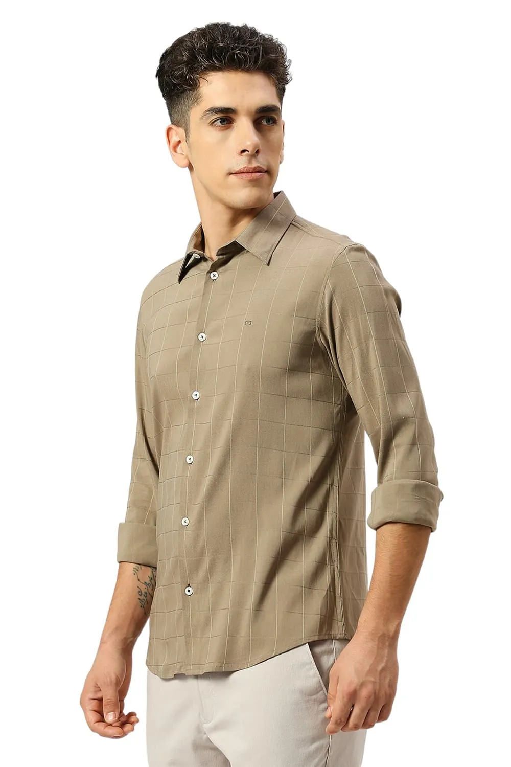 Slim Fit Viscose Polyester Stretch Dobby Checks Shirt