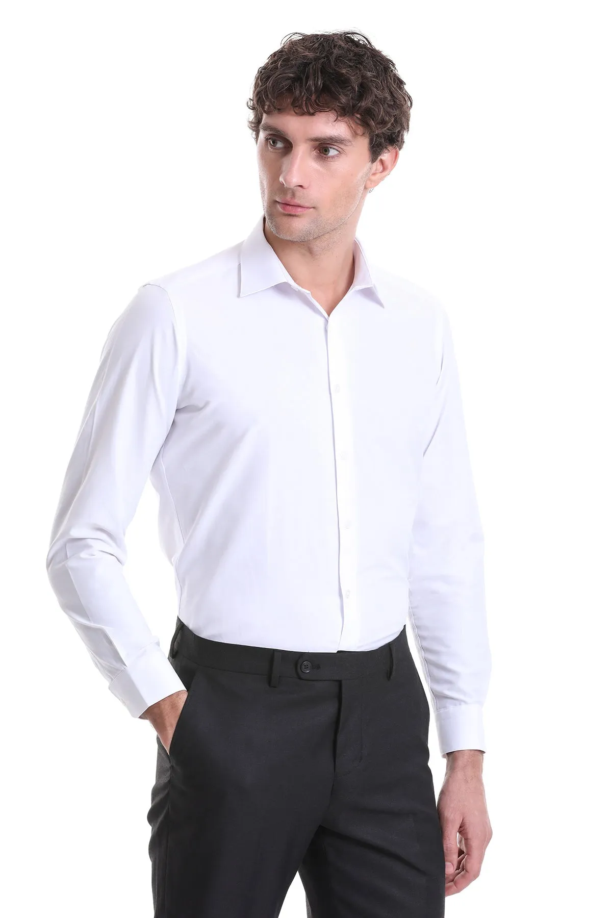 Slim Fit White Cotton Blend Dress Shirt