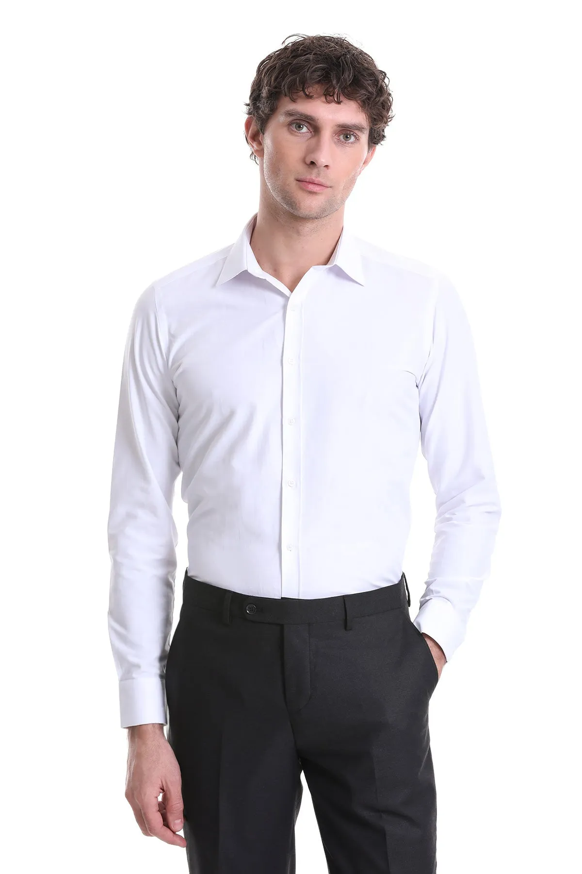 Slim Fit White Cotton Blend Dress Shirt