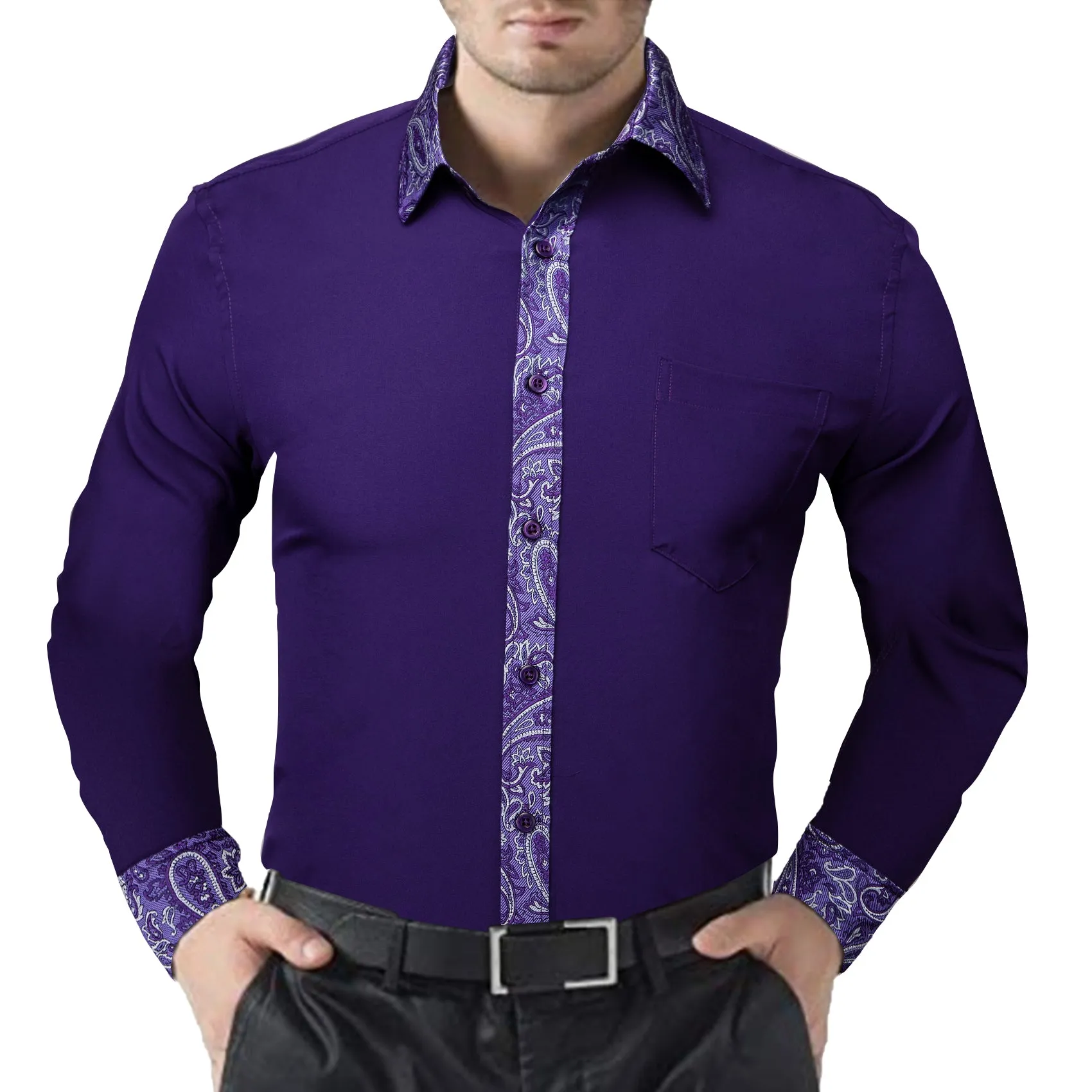 Splicing Style Dark Purple with Purple Paisley Edge Men's Long Sleeve Shirt