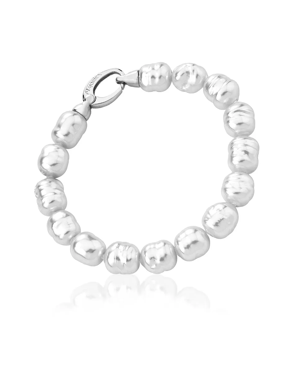 Sterling Silver Rhodium Plated Bracelet for Women with Organic Pearl, 8mm Baroque White Pearl , 7.48 Length, Agora Collection