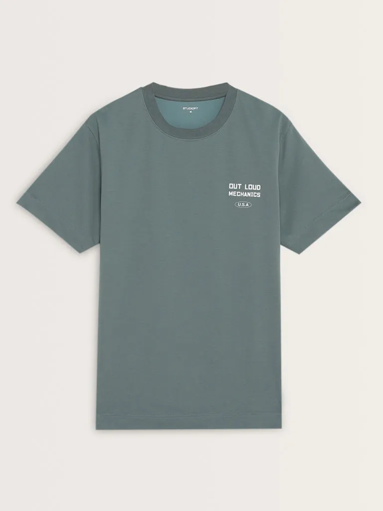 Studiofit Light Teal Text Design Relaxed-Fit T-Shirt