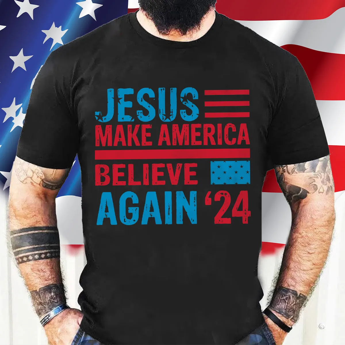 Teesdily | American Flag Jesus Shirt, Jesus Make America Believe Again '24 Tee Sweatshirt Hoodie Mug, Christian American Pride Gift, Patriotic T-shirt