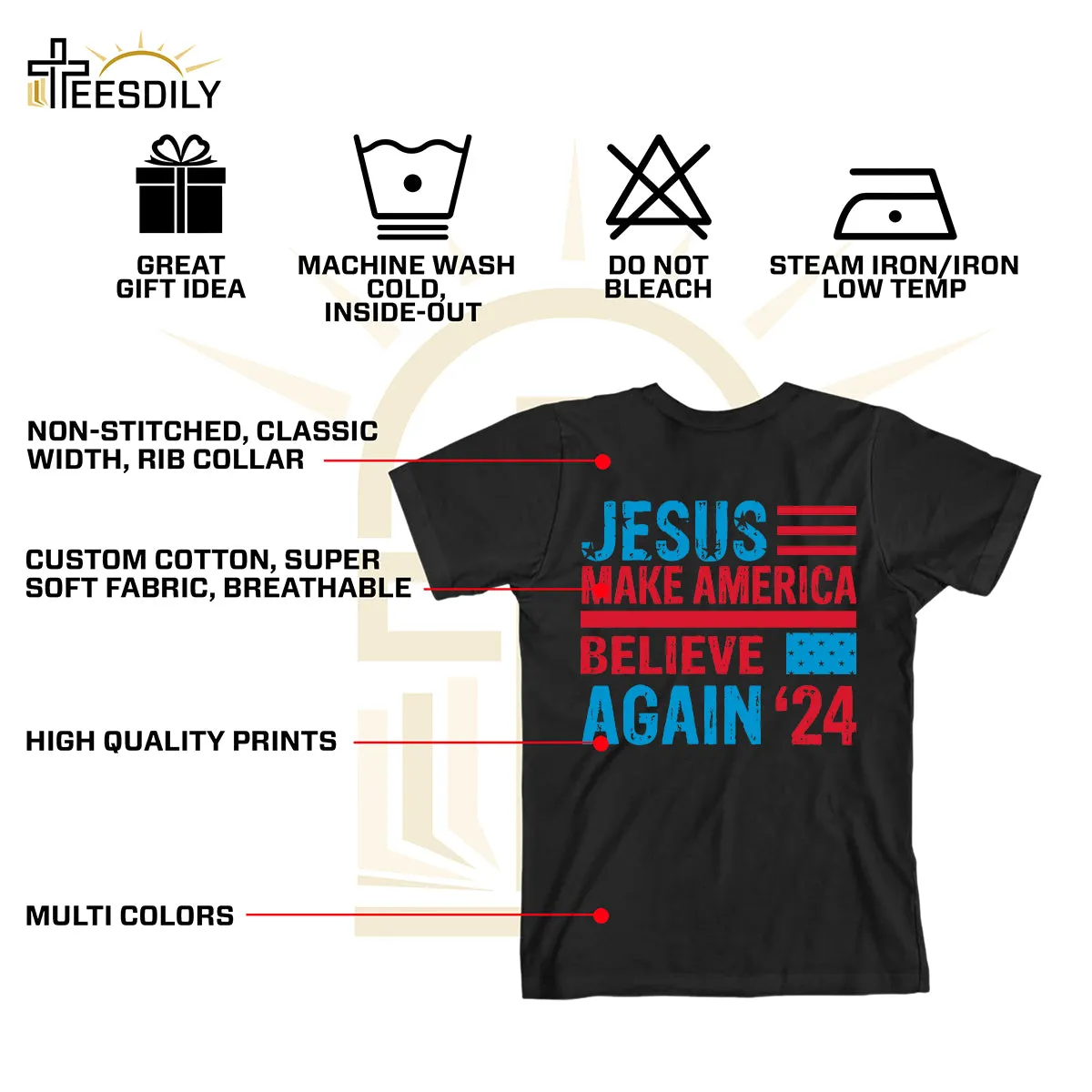 Teesdily | American Flag Jesus Shirt, Jesus Make America Believe Again '24 Tee Sweatshirt Hoodie Mug, Christian American Pride Gift, Patriotic T-shirt