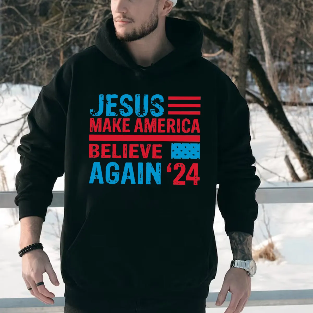 Teesdily | American Flag Jesus Shirt, Jesus Make America Believe Again '24 Tee Sweatshirt Hoodie Mug, Christian American Pride Gift, Patriotic T-shirt