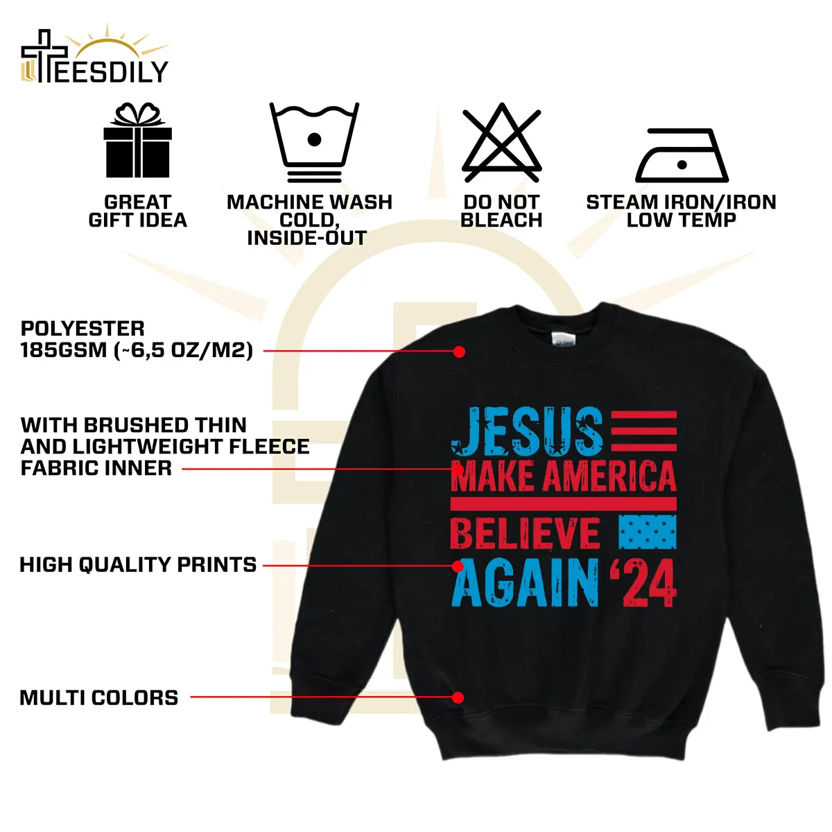 Teesdily | American Flag Jesus Shirt, Jesus Make America Believe Again '24 Tee Sweatshirt Hoodie Mug, Christian American Pride Gift, Patriotic T-shirt