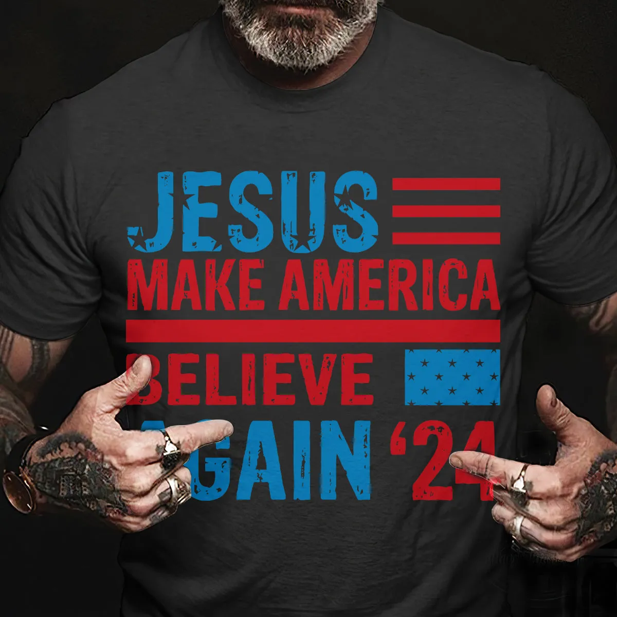 Teesdily | American Flag Jesus Shirt, Jesus Make America Believe Again '24 Tee Sweatshirt Hoodie Mug, Christian American Pride Gift, Patriotic T-shirt