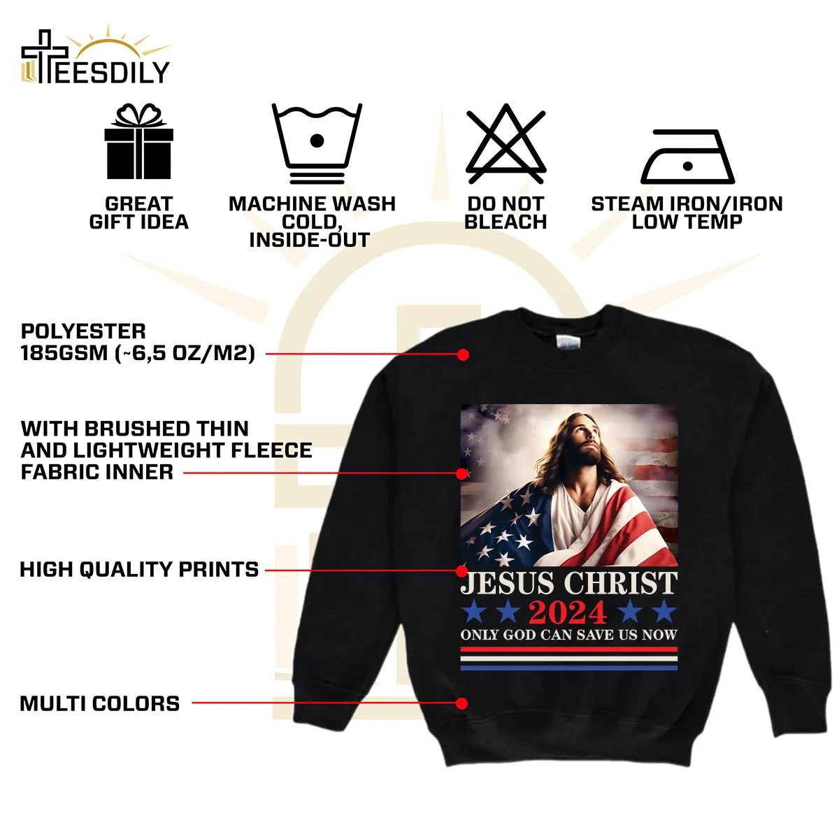 Teesdily | Jesus American Flag Shirt, Jesus Christ 2024 Only God Can Save Us Now Tee Sweatshirt Hoodie Mug, Independence Day Gifts, Jesus Lovers Gifts