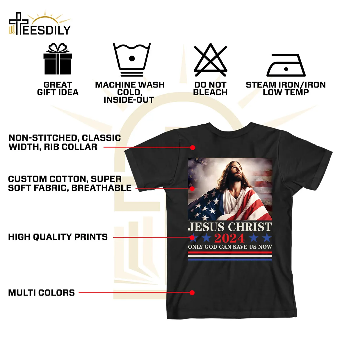 Teesdily | Jesus American Flag Shirt, Jesus Christ 2024 Only God Can Save Us Now Tee Sweatshirt Hoodie Mug, Independence Day Gifts, Jesus Lovers Gifts