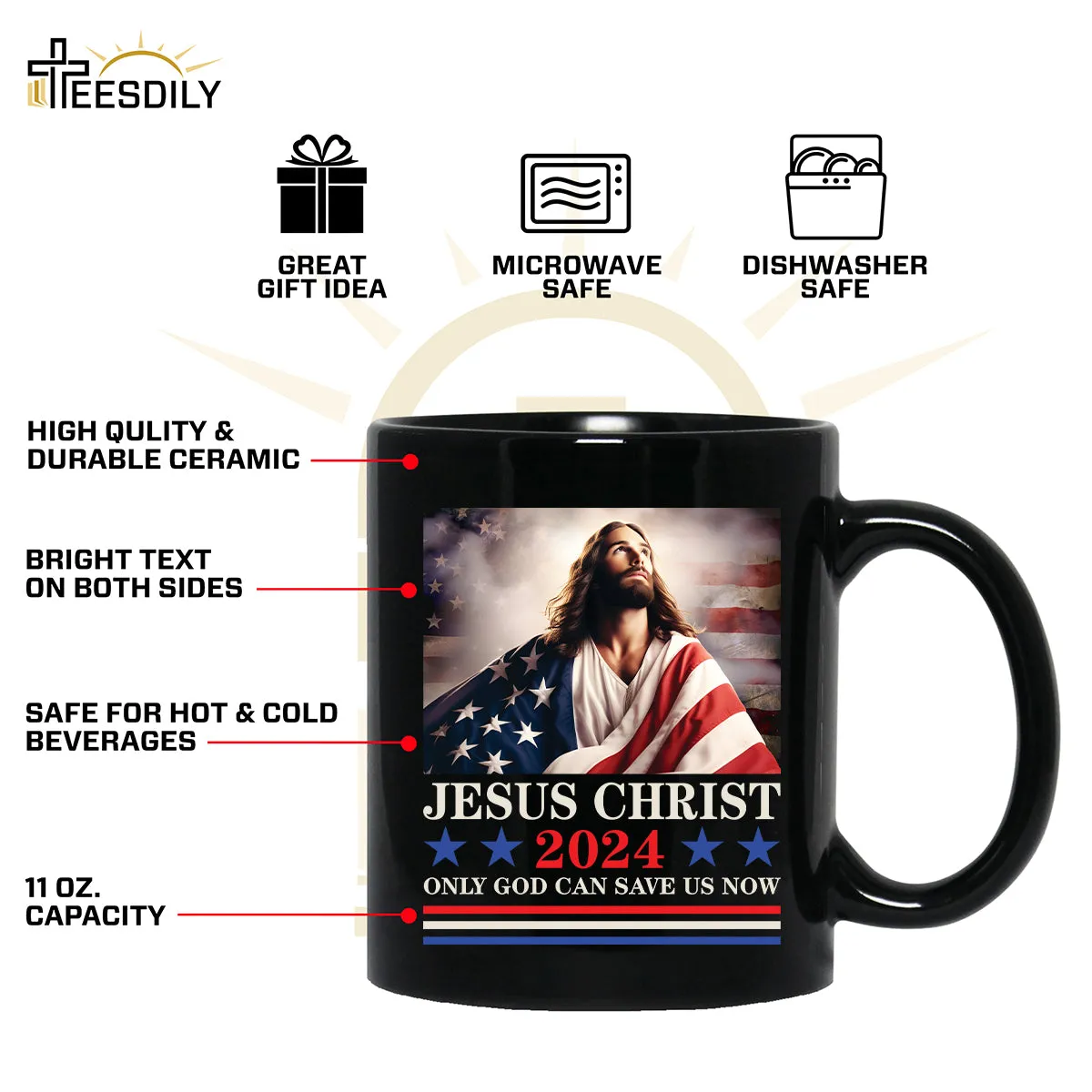 Teesdily | Jesus American Flag Shirt, Jesus Christ 2024 Only God Can Save Us Now Tee Sweatshirt Hoodie Mug, Independence Day Gifts, Jesus Lovers Gifts