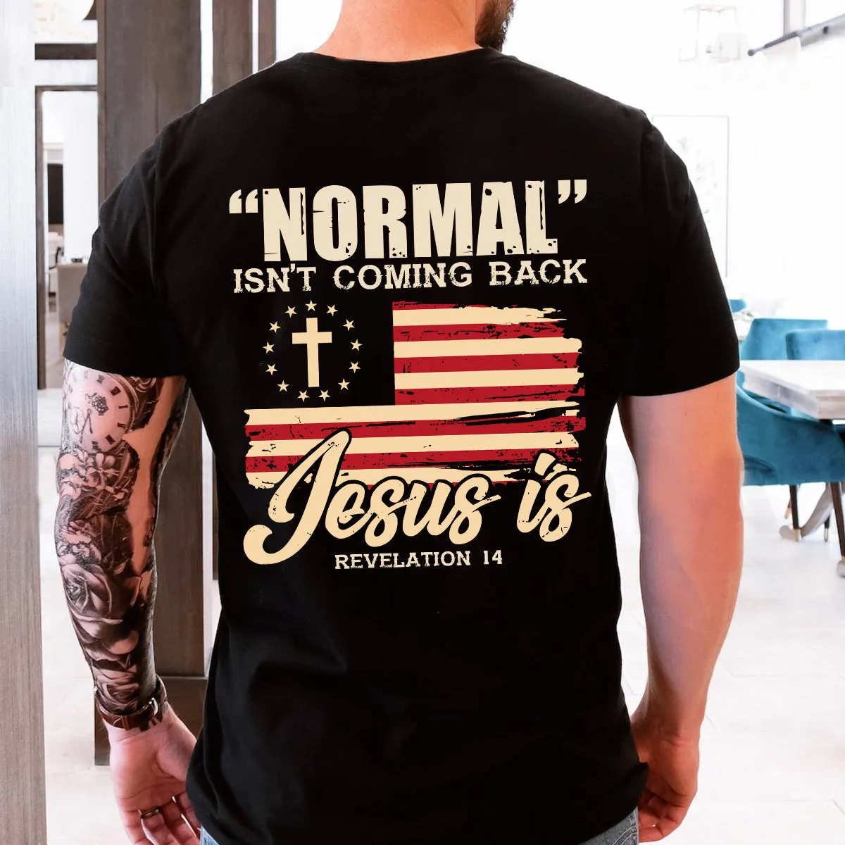 Teesdily | Jesus Cross Usa Flag Shirt, Normal Isn't Coming Back Hoodie Sweatshirt Mug, Fourth Of July Tee Backside, Jesus God Lover Gifts