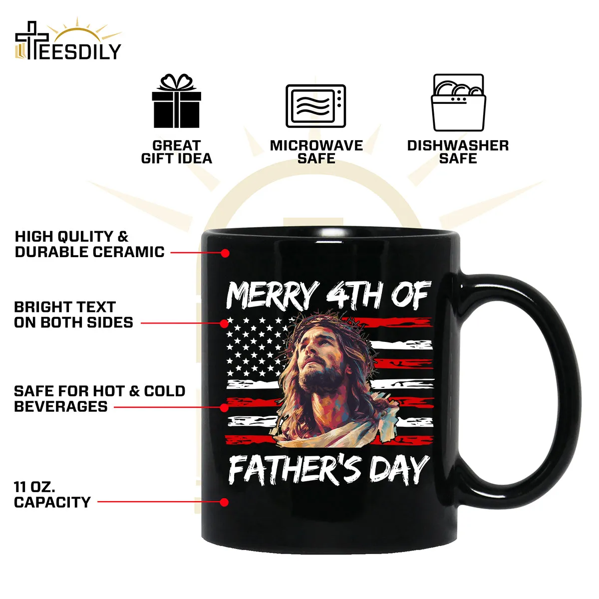 Teesdily | Jesus Dad American Flag T-shirt, Merry 4th Of Father's Day Sweatshirt, Happy Independence Day Gift, Dad Shirt Hoodie, Christian Mug Cup