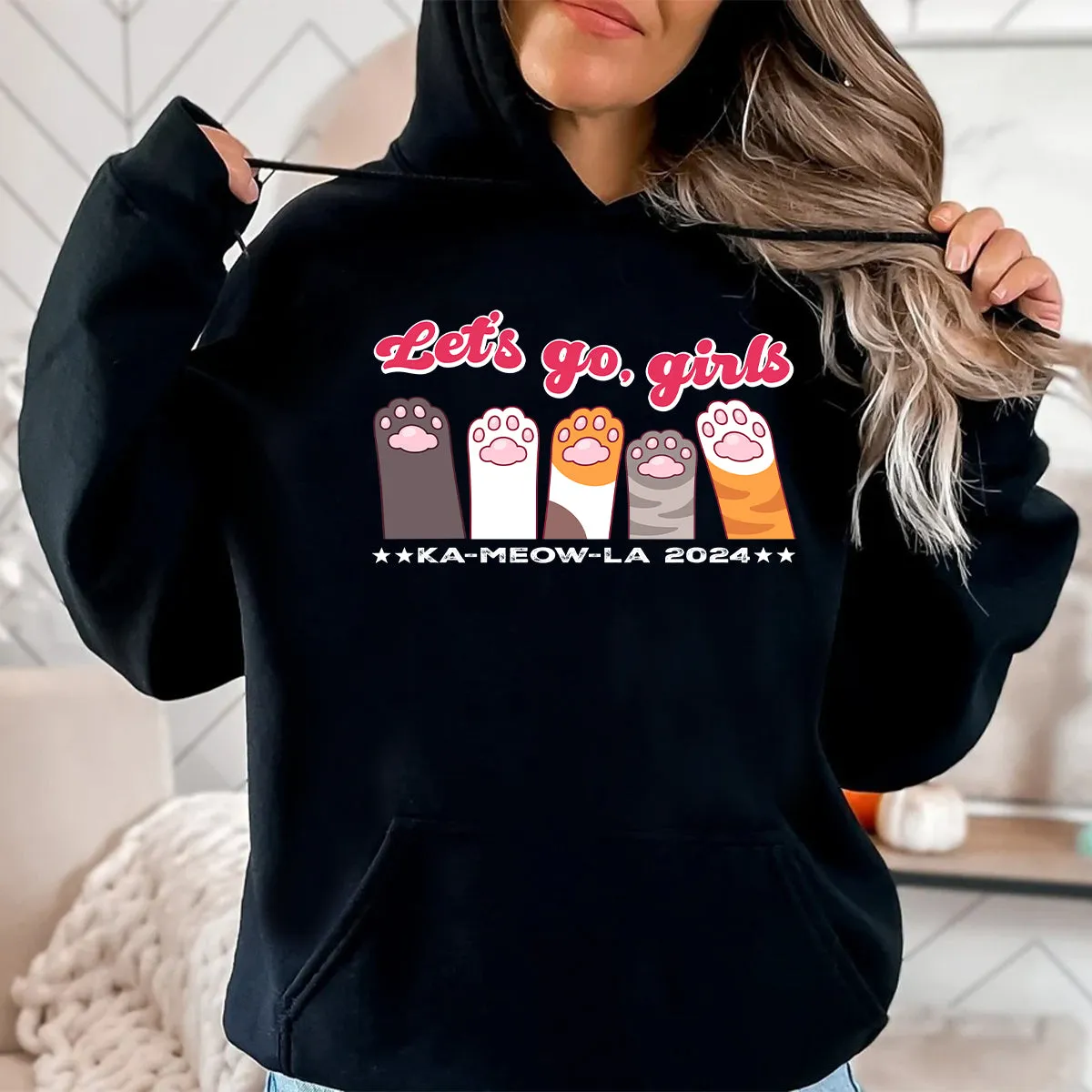 Teesdily | Let's Go Girls Childless Cat Lady Shirt, Ka-meow-la 2024 T-shirt, Cute Cat Lady Sweatshirt Hoodie Mug, Comma La T-shirt