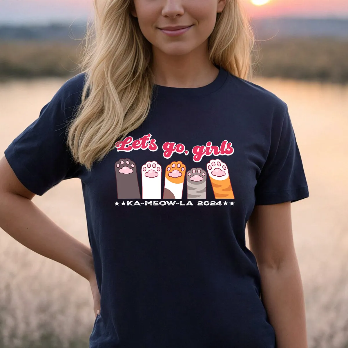 Teesdily | Let's Go Girls Childless Cat Lady Shirt, Ka-meow-la 2024 T-shirt, Cute Cat Lady Sweatshirt Hoodie Mug, Comma La T-shirt