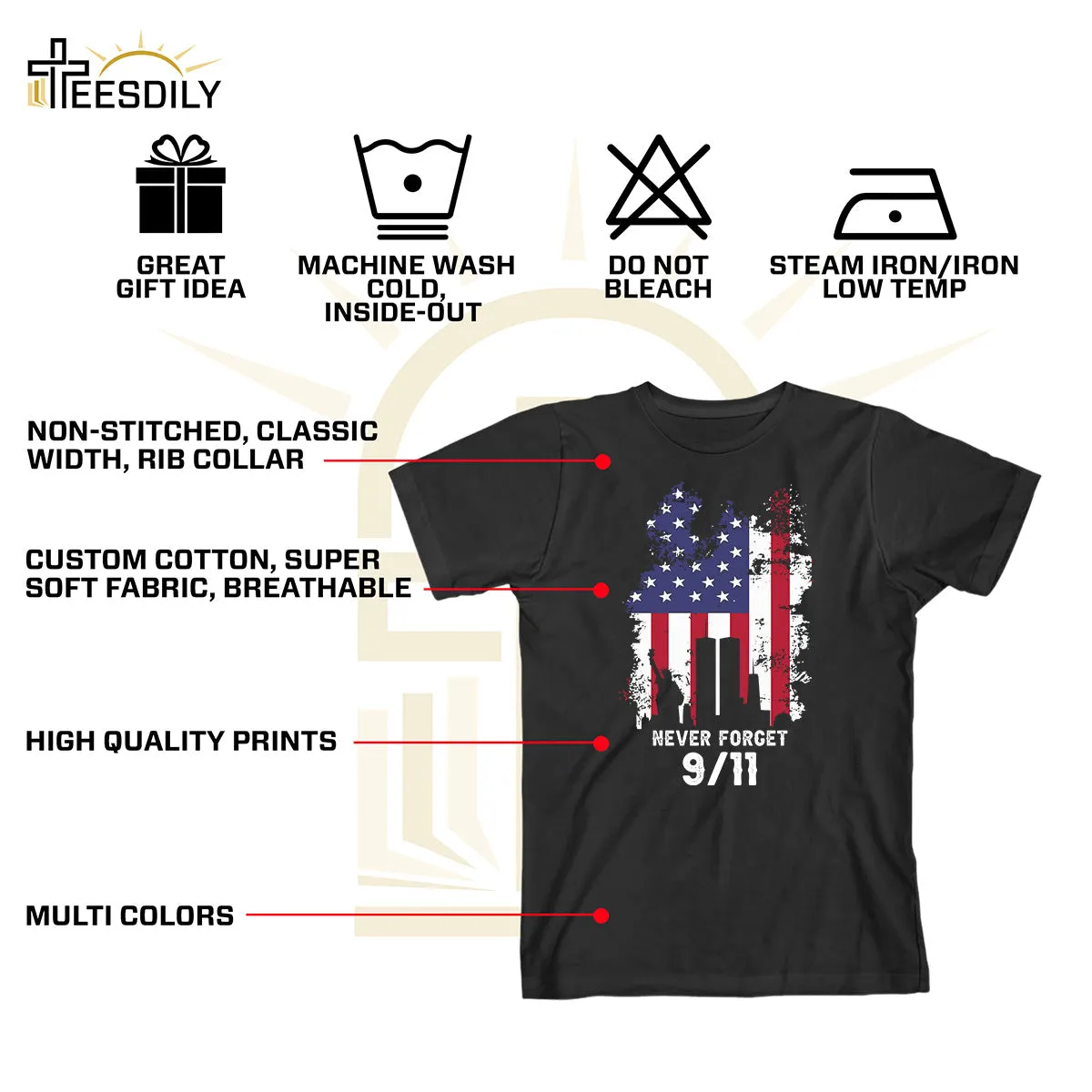 Teesdily | Patriot Day Shirt, Never Forget 911 T-shirt, The Statue Of Liberty American Flag Sweatshirt Hoodie Mug, Memorial Shirt, Remembrance Gift