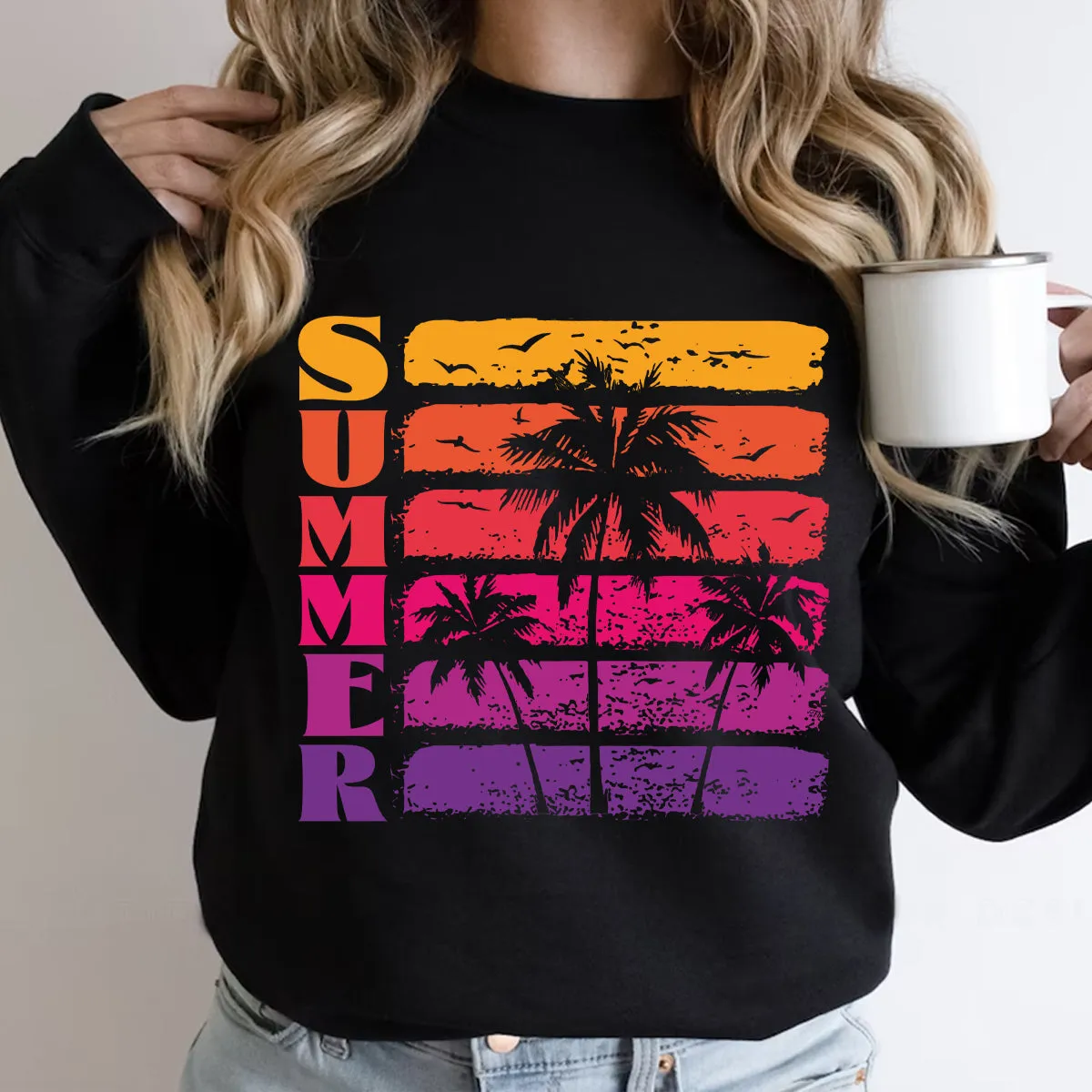 Teesdily | Summer Beach Coconut Tree Palm Tree Graphic Tshirt Summer Vibes Vintage Retro Sweatshirt Hoodie Mug Summer Vibe Summer Vacation Clothing