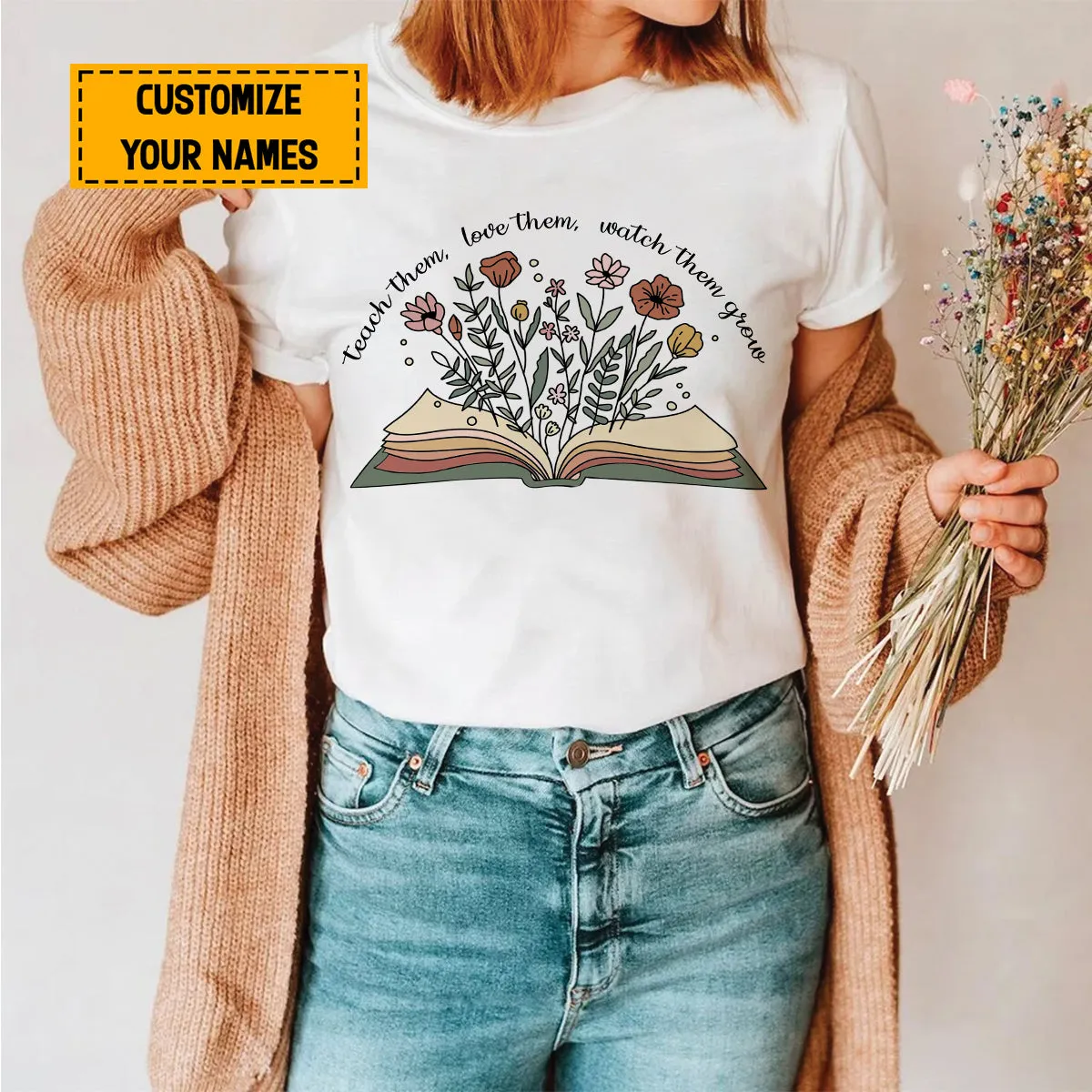 Teesdily | Teacher Customized Casual Shirt Floral Book Tshirt Teach Love Watch Them Grow Teacher Life Sweatshirt Hoodie Mug Teacher Appreciation Gifts