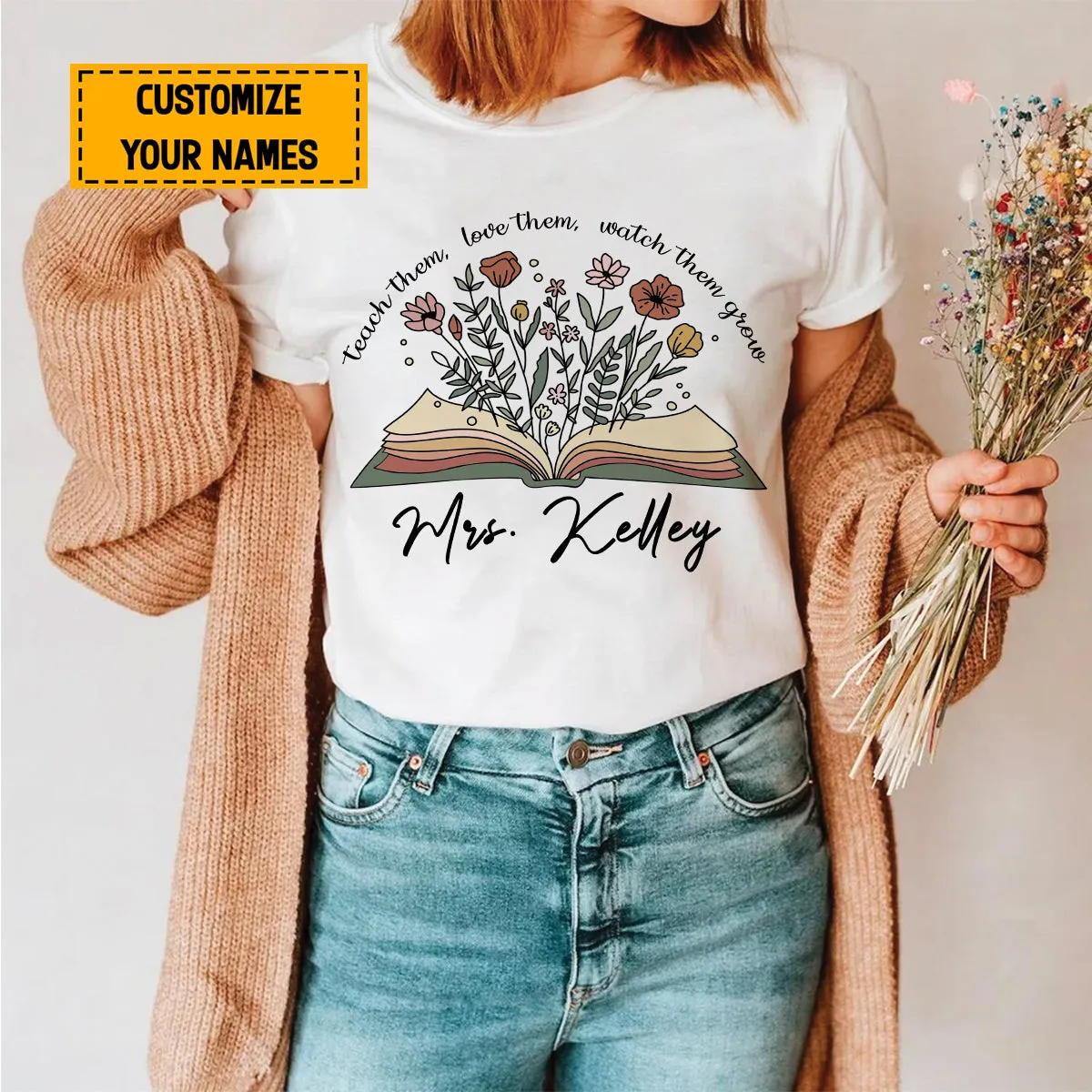 Teesdily | Teacher Customized Casual Shirt Floral Book Tshirt Teach Love Watch Them Grow Teacher Life Sweatshirt Hoodie Mug Teacher Appreciation Gifts