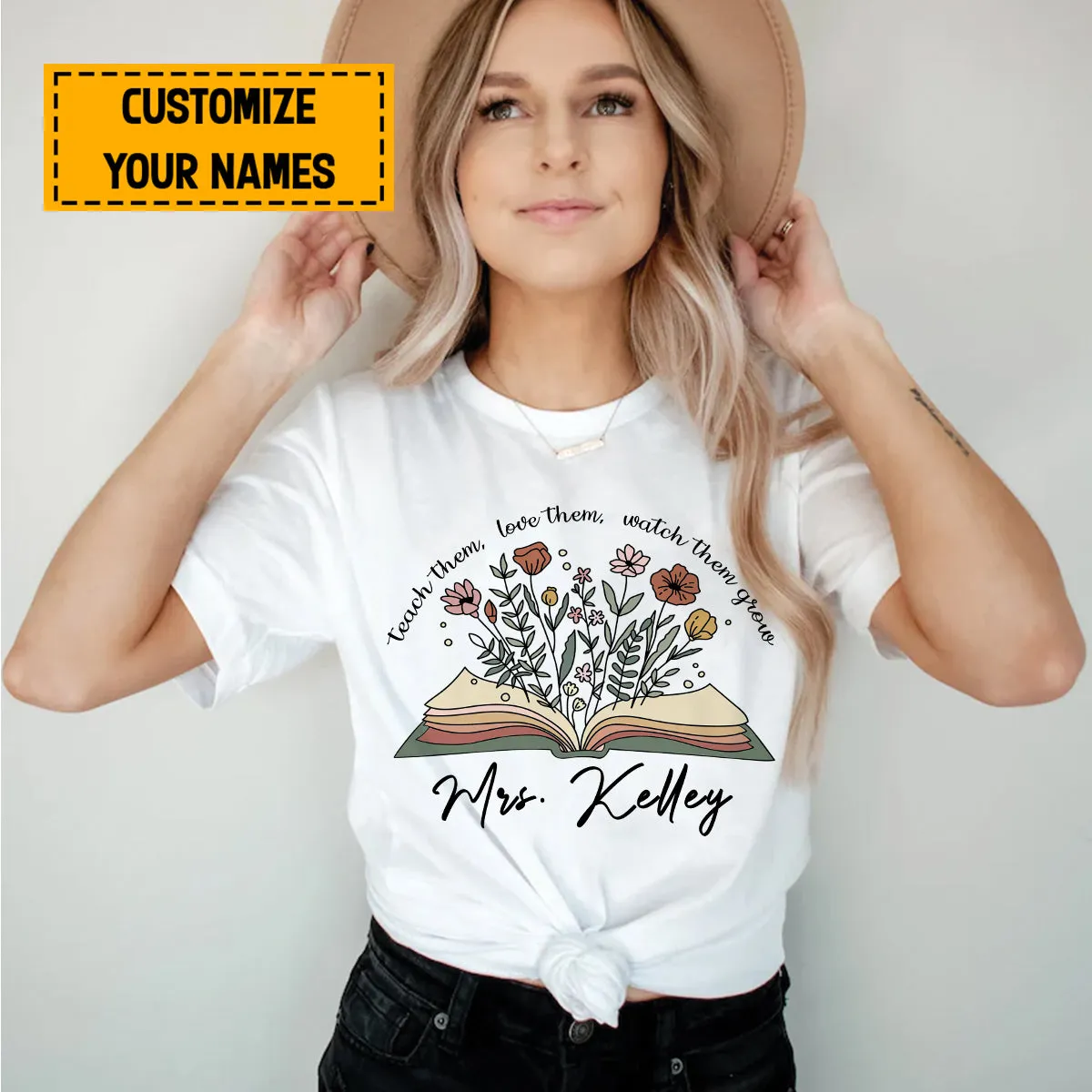 Teesdily | Teacher Customized Casual Shirt Floral Book Tshirt Teach Love Watch Them Grow Teacher Life Sweatshirt Hoodie Mug Teacher Appreciation Gifts