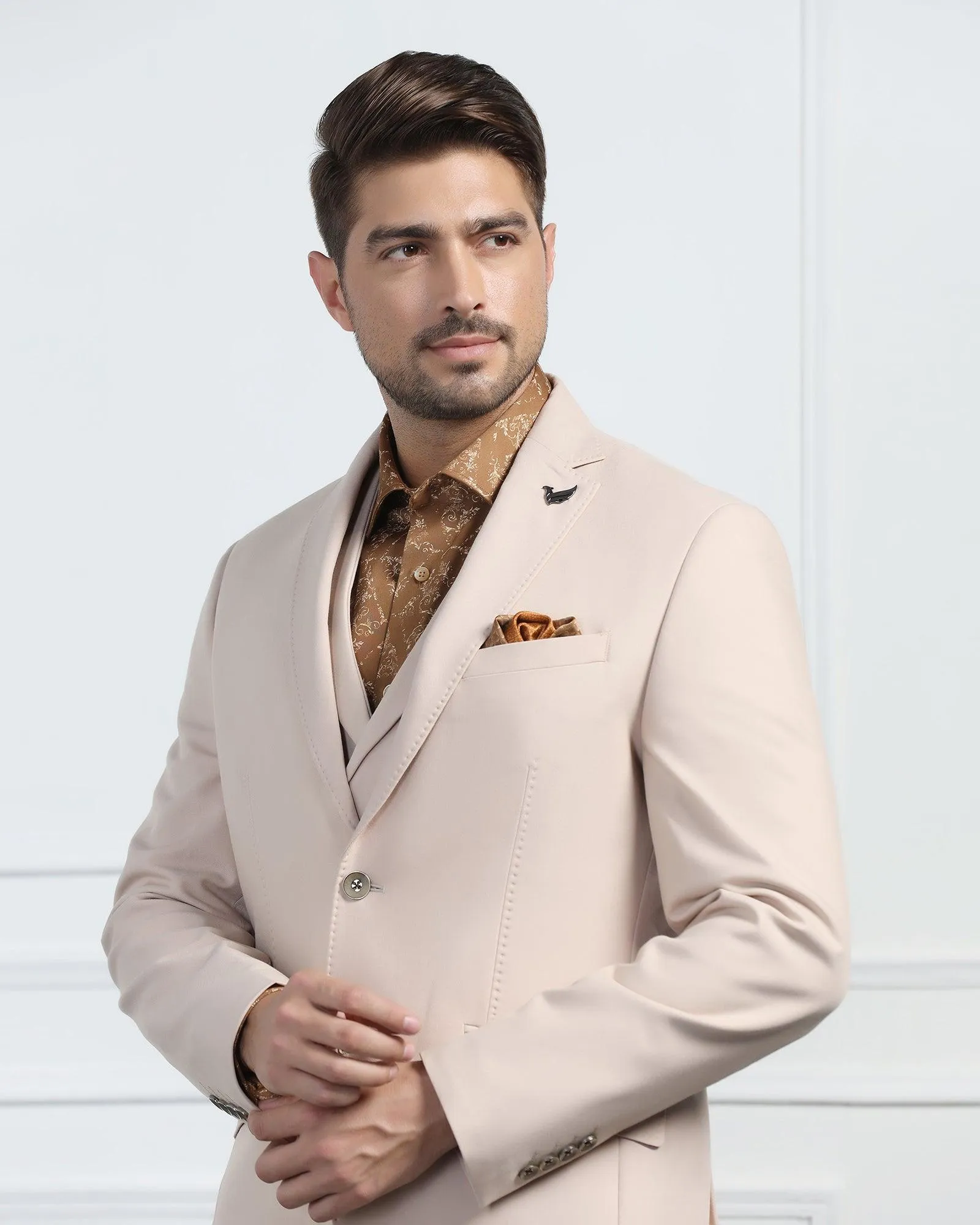 Three Piece Beige Solid Formal Suit - Randle