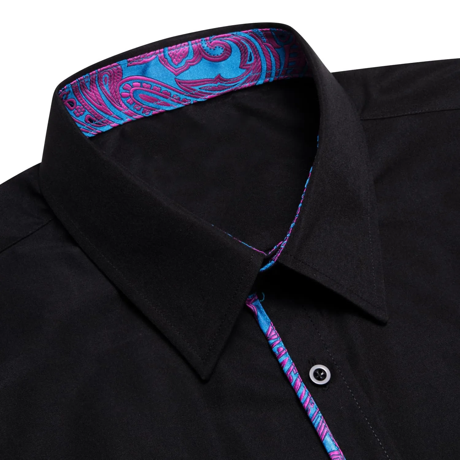 Ties2you Button Down Shirt Black Solid Purple Blue Splicing Mens Silk Shirt