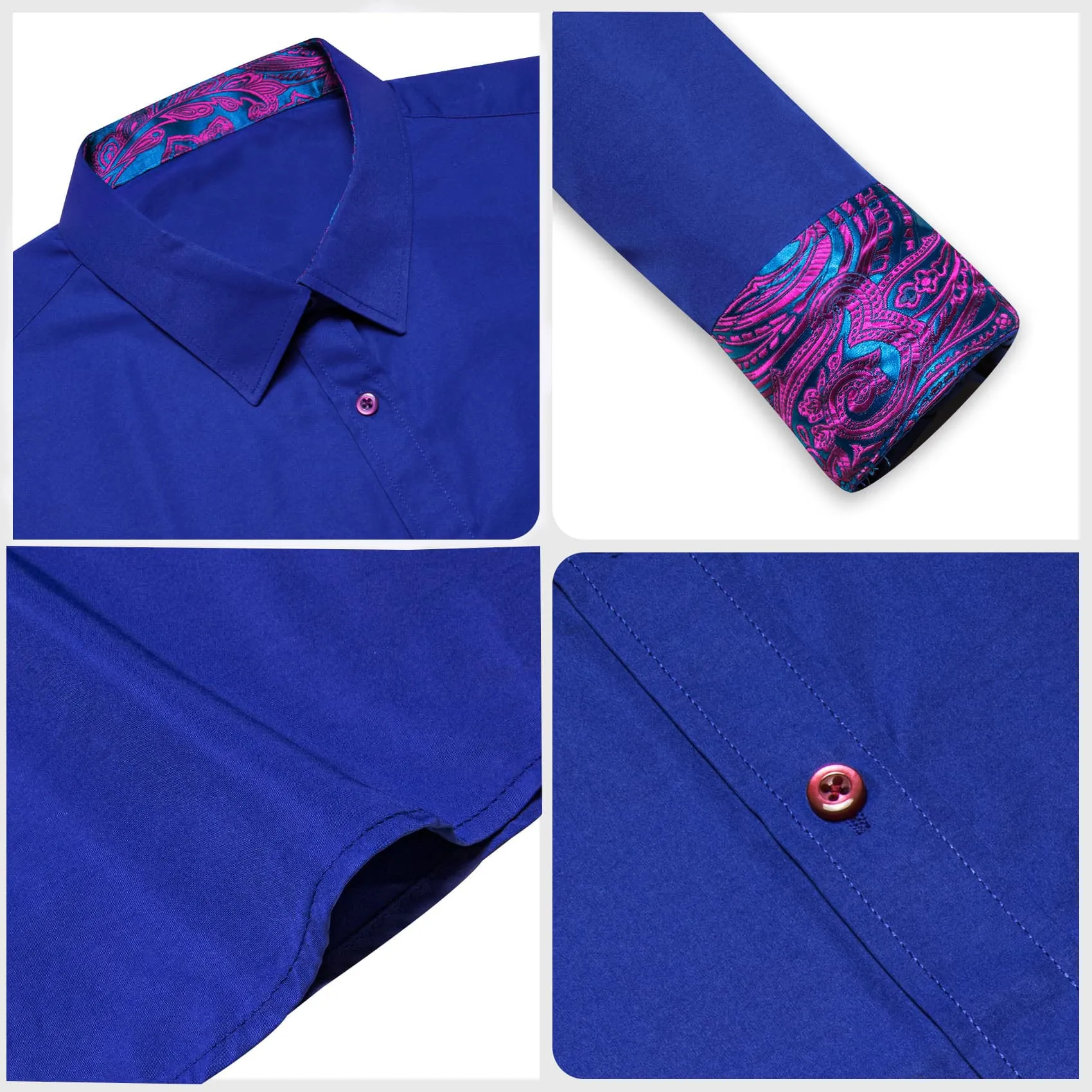 Ties2you Button Up Shirt Royal Azure Blue Splicing Purple Collared Silk Long Sleeve Shirt for Men