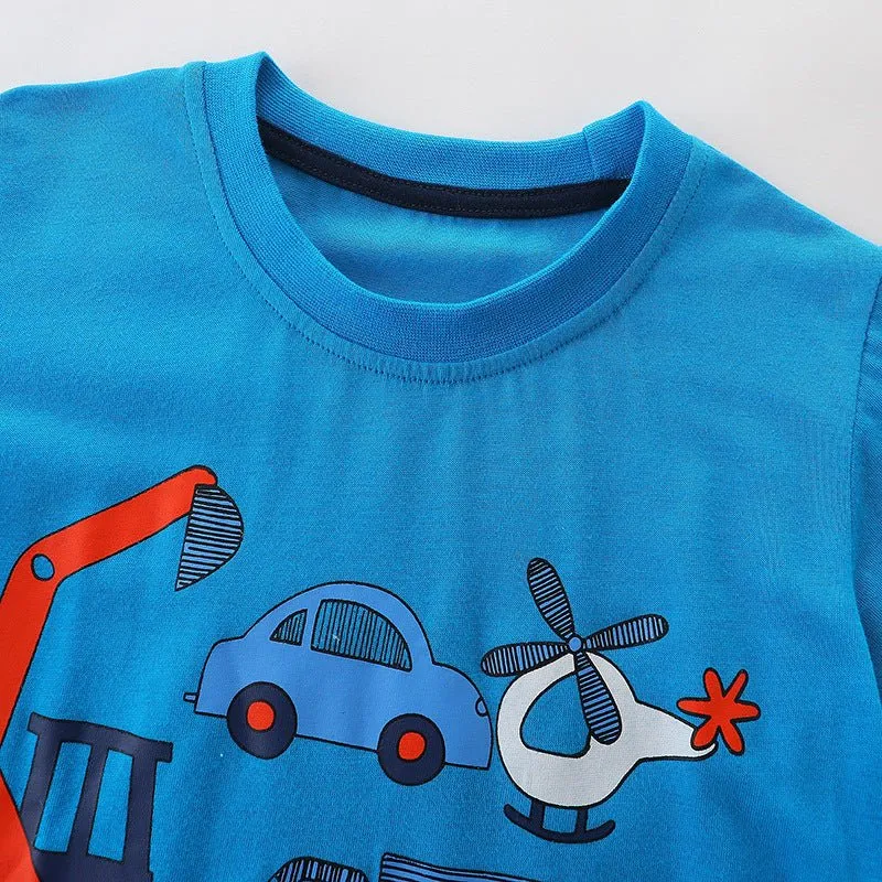 Toddler Boy's Blue Vehicle Print Short Sleeve T-shirt