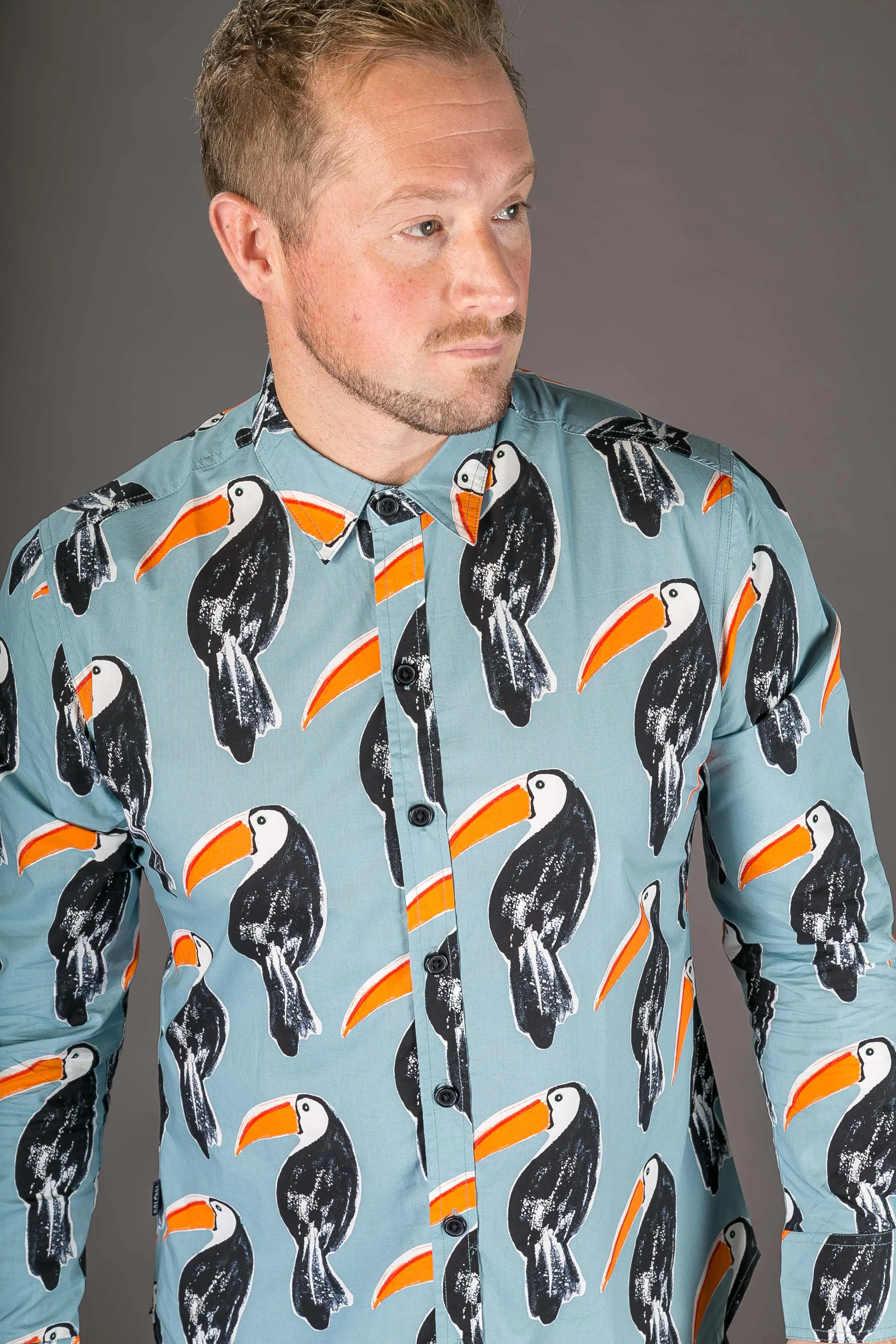 Toucan Bird Blue Print Cotton Slim Fit Mens Shirt Long Sleeve