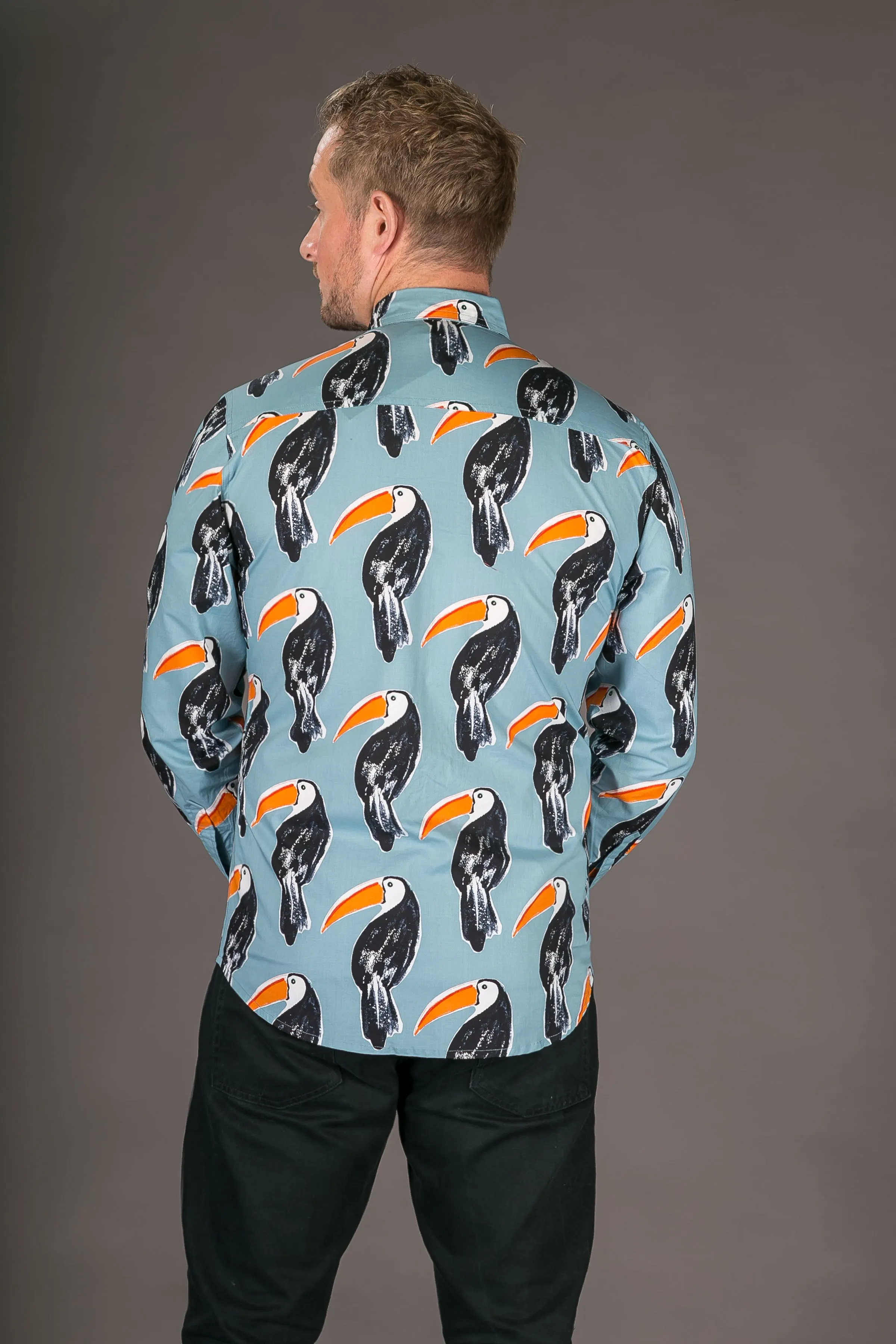 Toucan Bird Blue Print Cotton Slim Fit Mens Shirt Long Sleeve