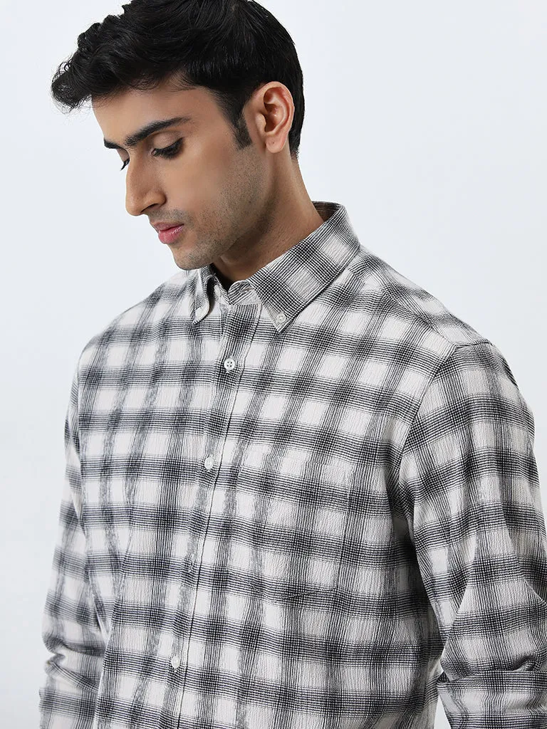 WES Casuals Black Checkered Relaxed-Fit Cotton Blend Shirt