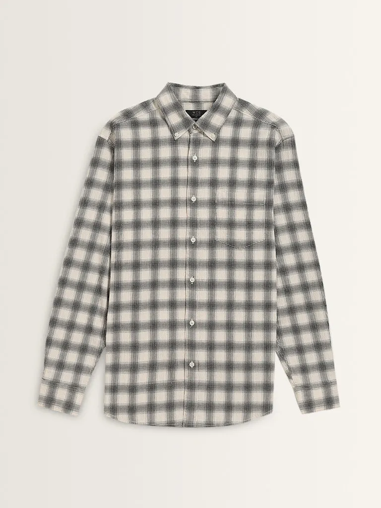 WES Casuals Black Checkered Relaxed-Fit Cotton Blend Shirt