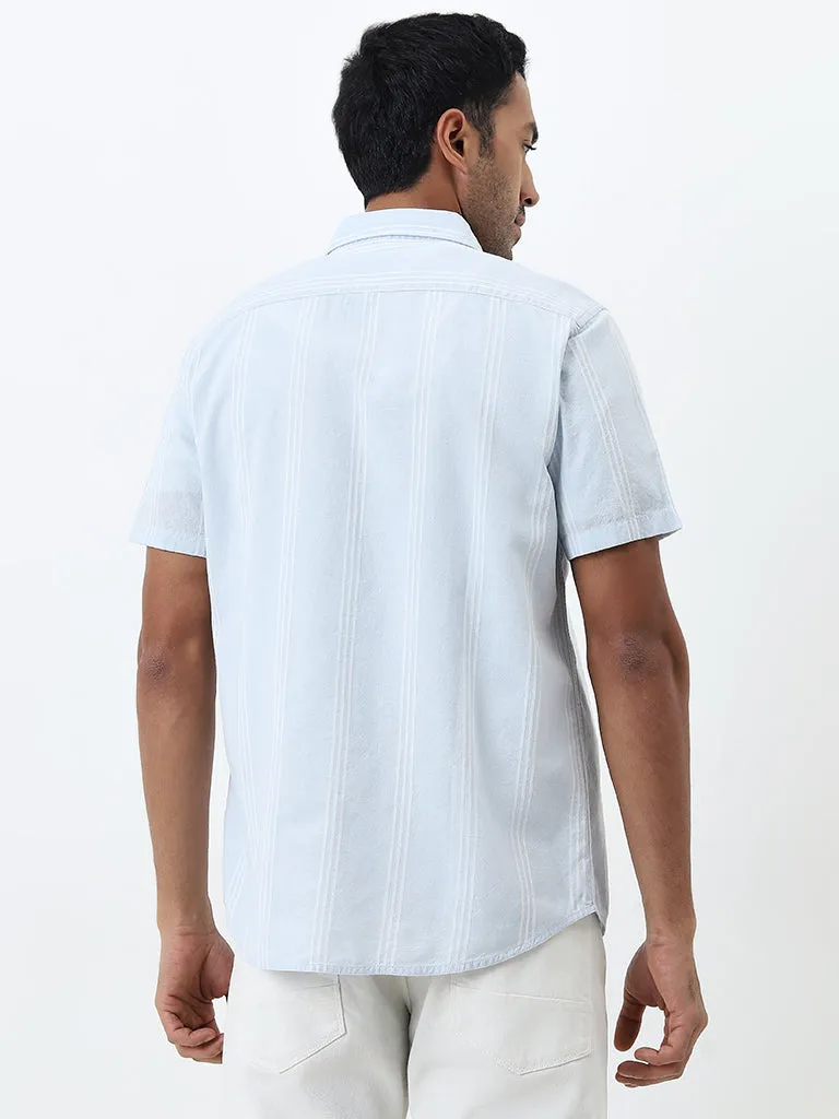 WES Casuals Light Blue Striped Slim-Fit Blended Linen Shirt