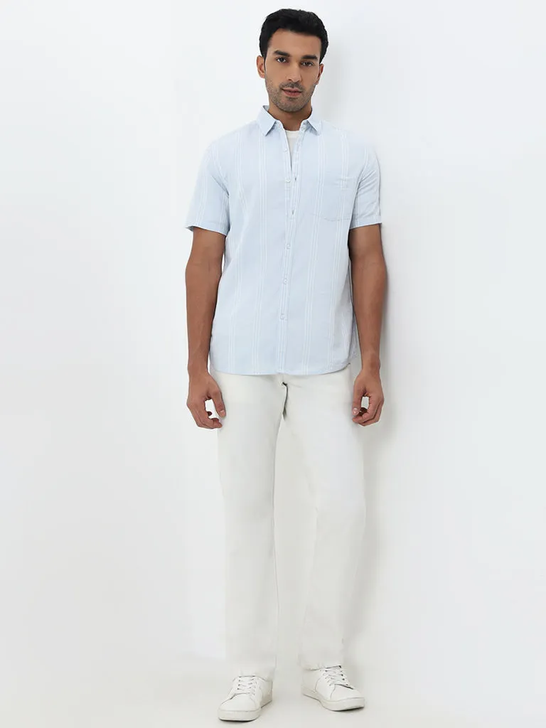 WES Casuals Light Blue Striped Slim-Fit Blended Linen Shirt