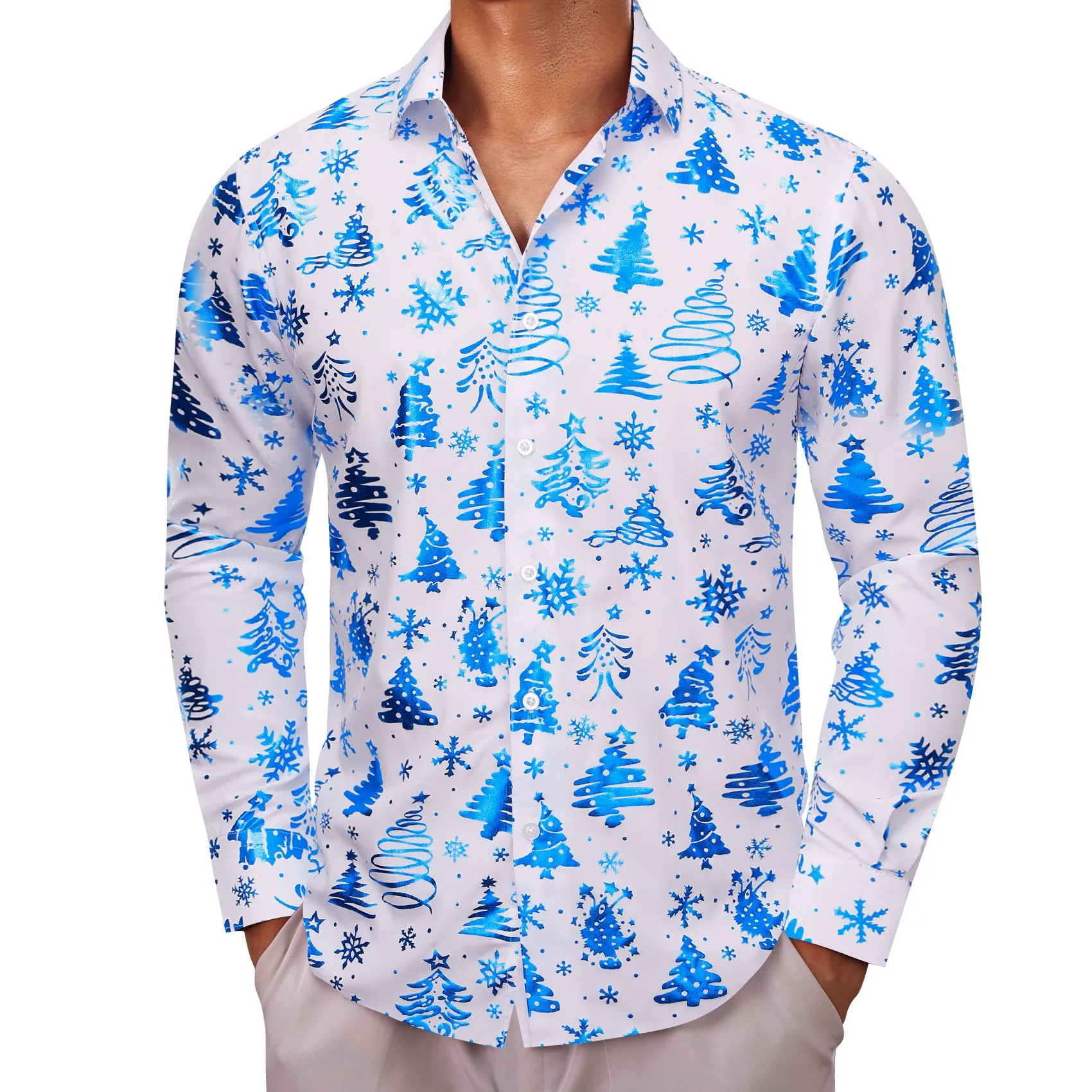 White Blue Christmas Pattern Men Long Sleeve Shirt