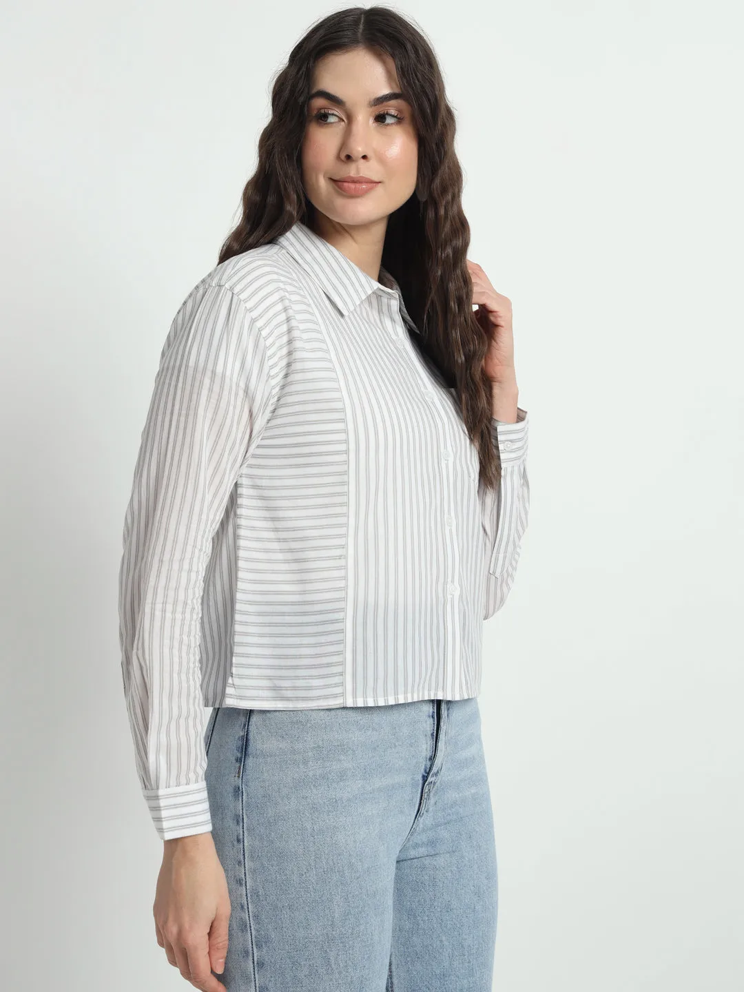 Women Classic Slim Fit Striped Cotton Casual Shirt