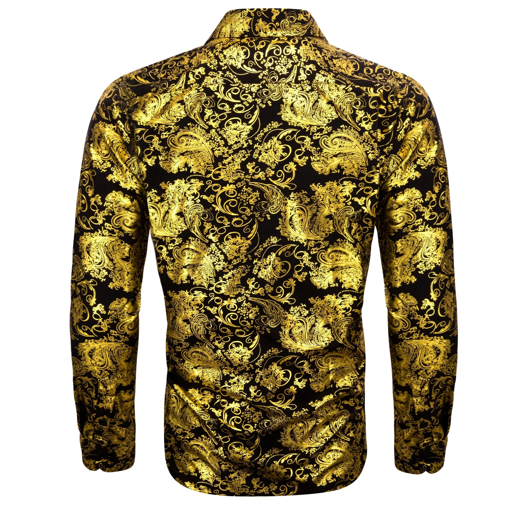 Yellow Black Floral Paisley Silk Men's Long Sleeve Shirt