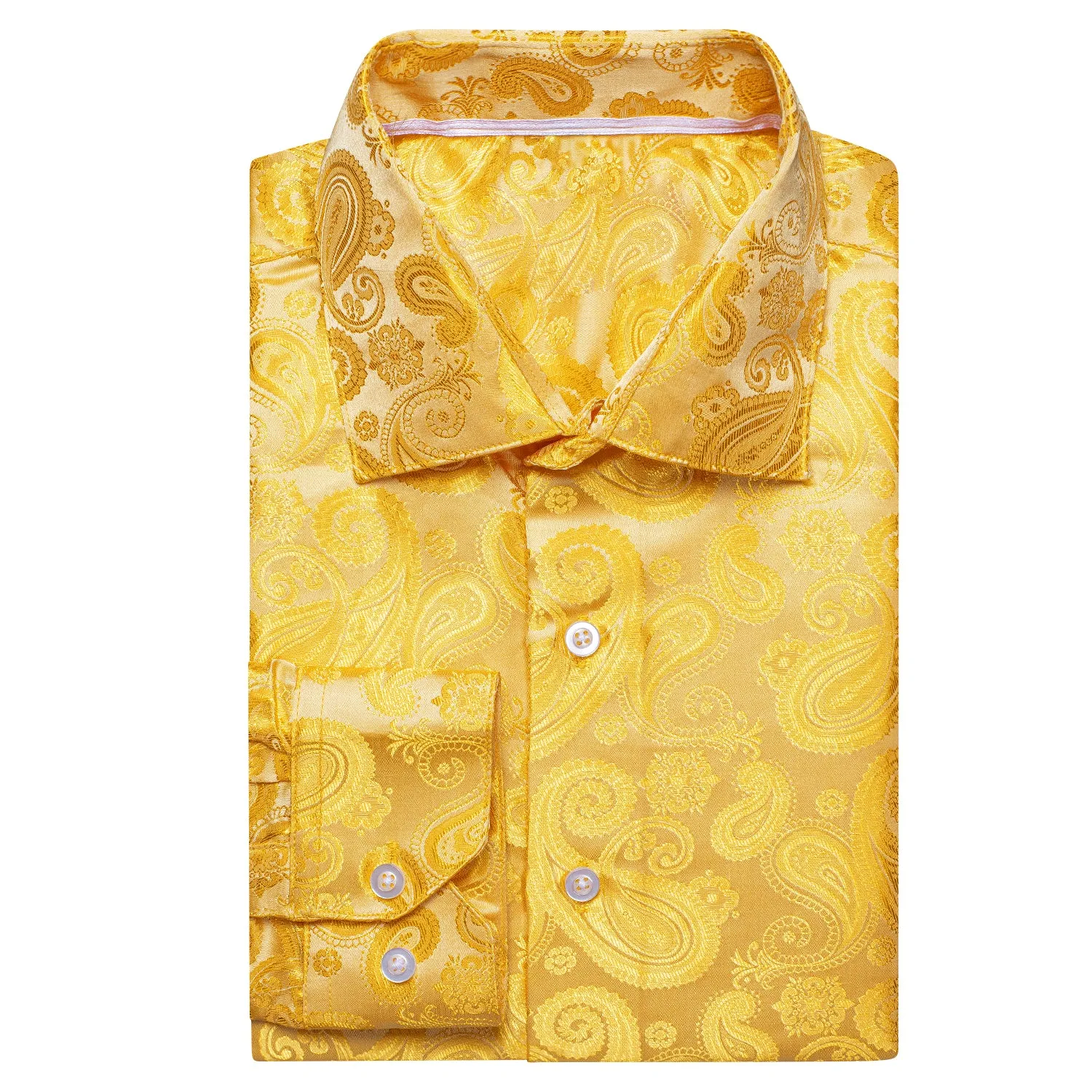 Yellow Golden Paisley Silk Men's Long Sleeve Shirt For Party Travel