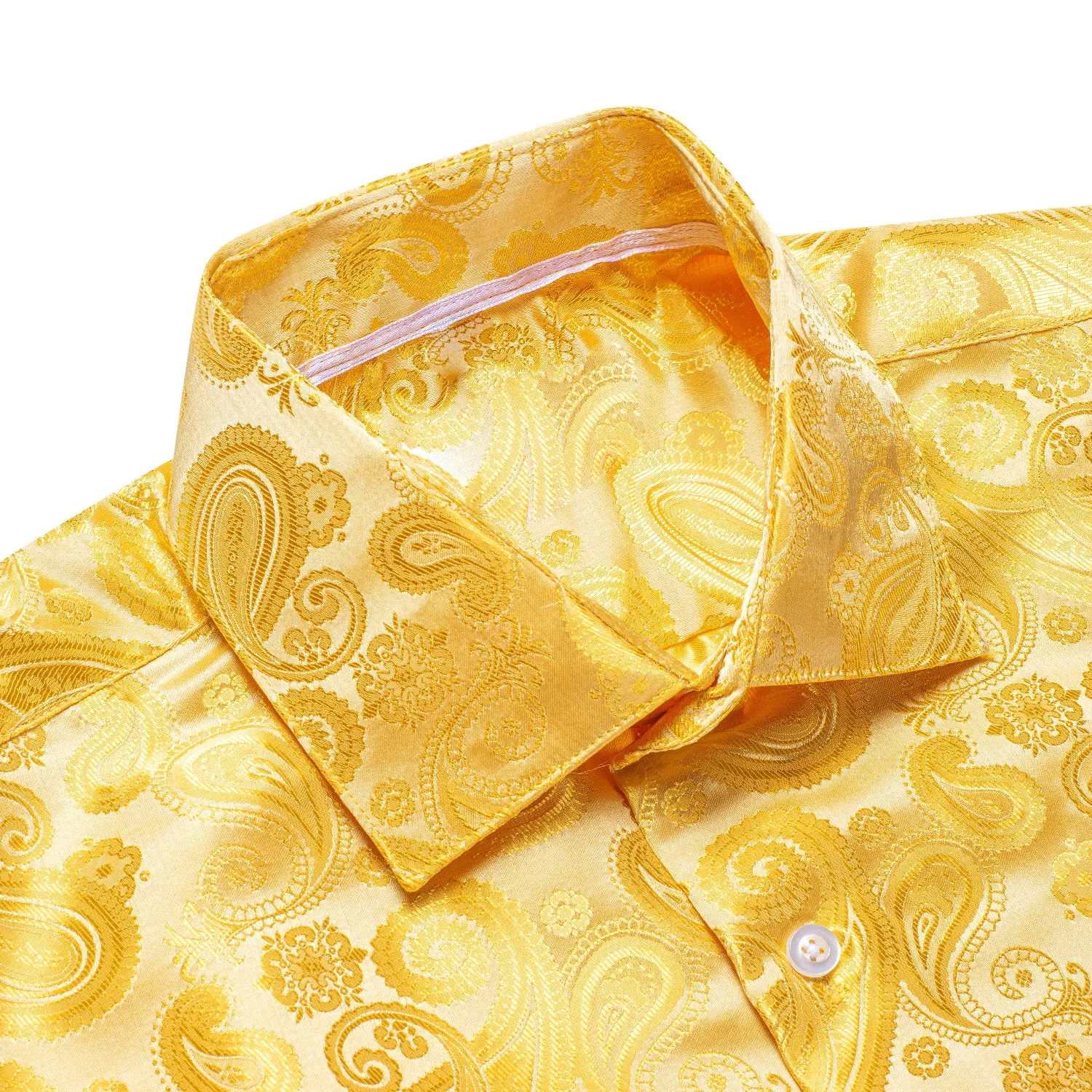 Yellow Golden Paisley Silk Men's Long Sleeve Shirt For Party Travel